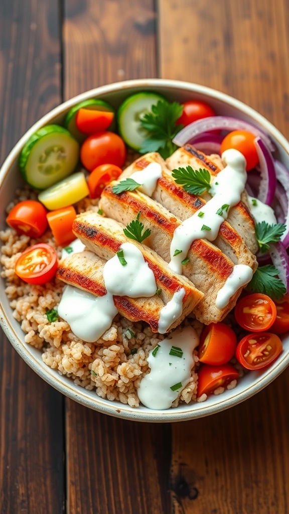 Mediterranean Chicken Quinoa Bowl with Tzatziki Mediterranean chicken quinoa bowl with grilled chicken, quinoa, cherry tomatoes, cucumber, red onion, and tzatziki sauce.